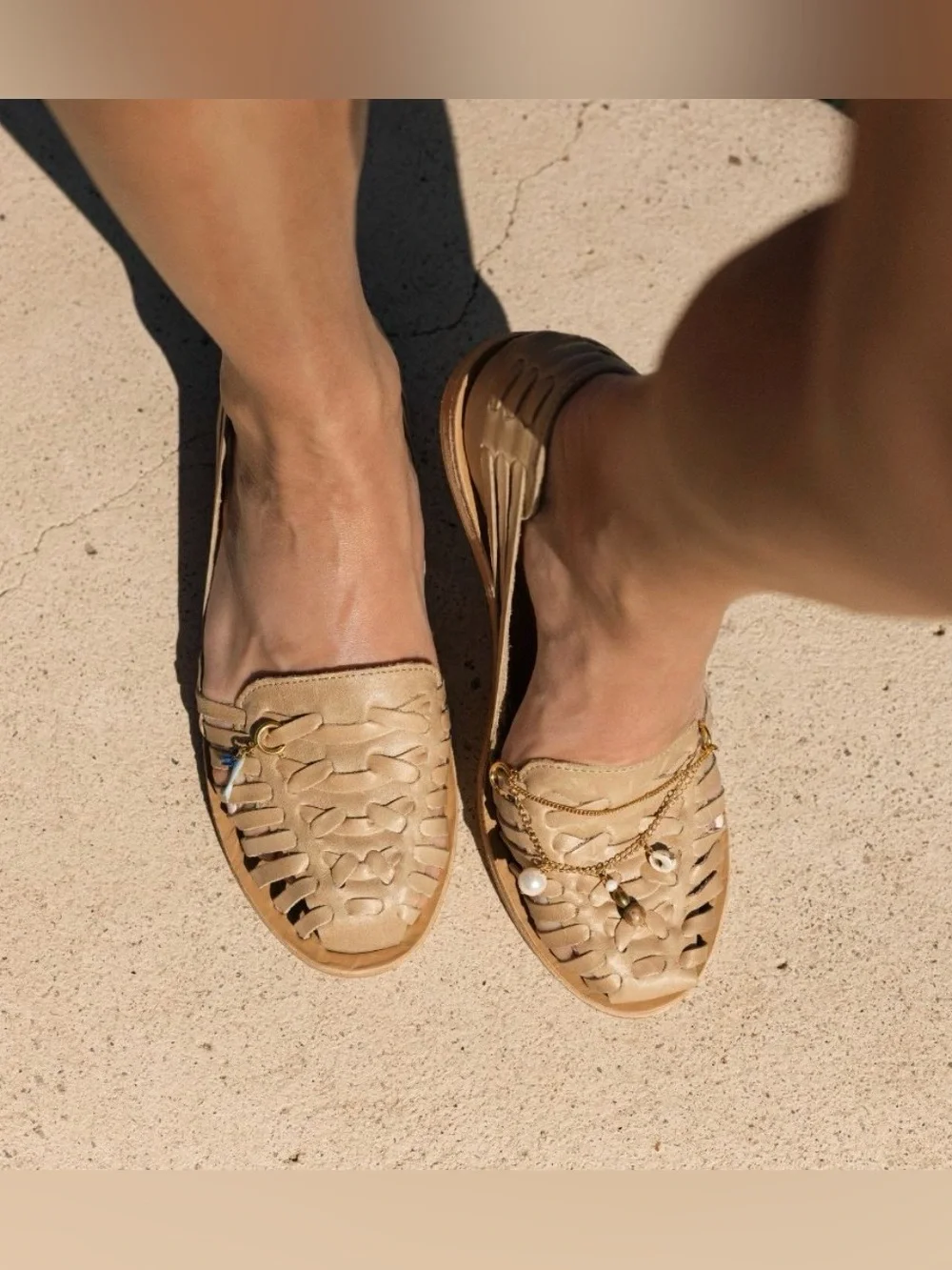 Nisolo Huarache Slip On Sandals in Almond Handwoven Leather Size 7